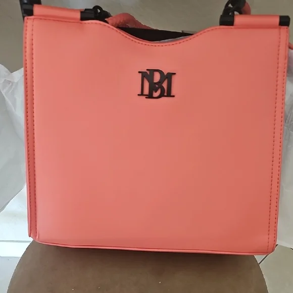 Coral Pink Badgley Mischka Tote Bag with Black Straps - Picture 3 of 4